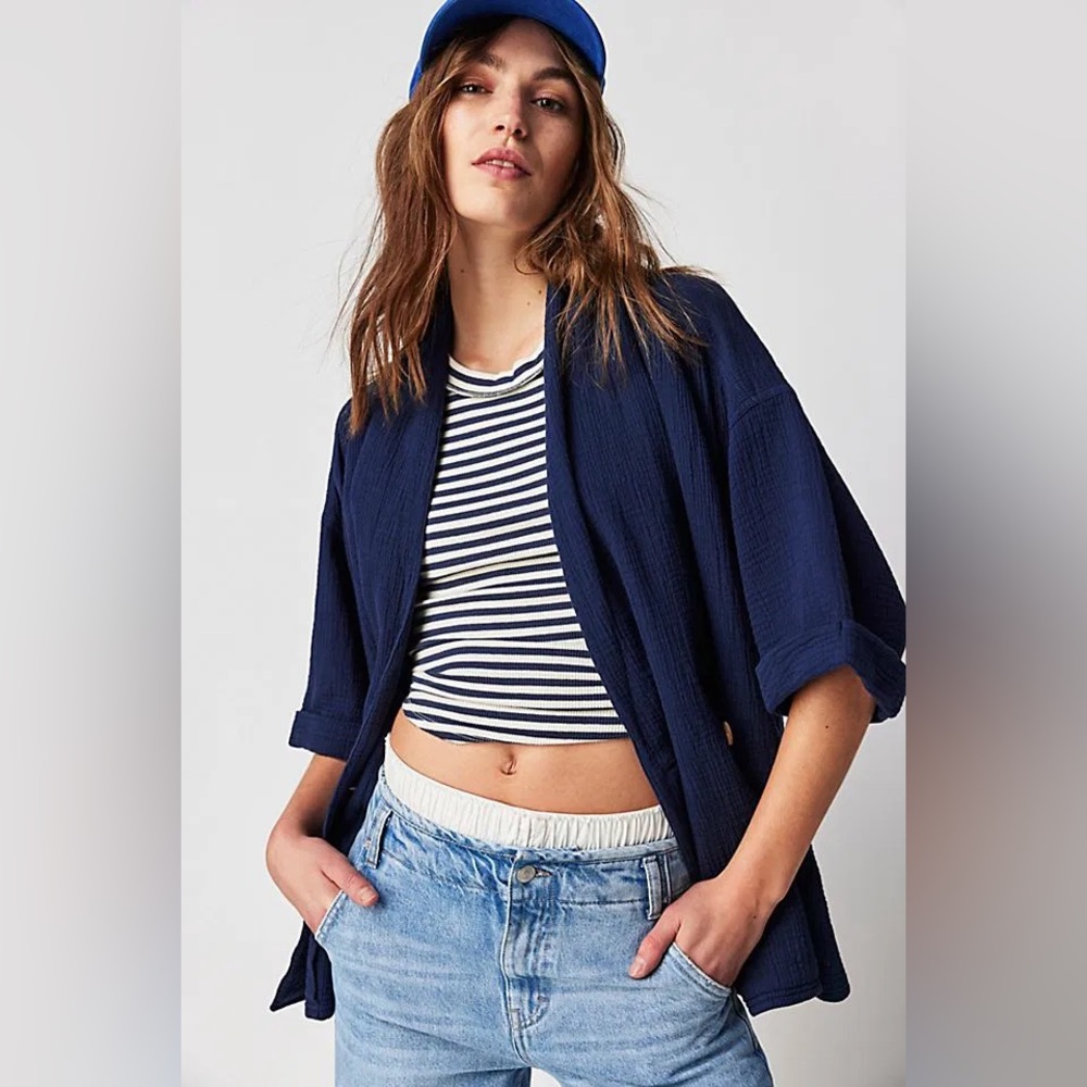 Free People Lou Blazer Shirt Navy - Picture 4 of 8